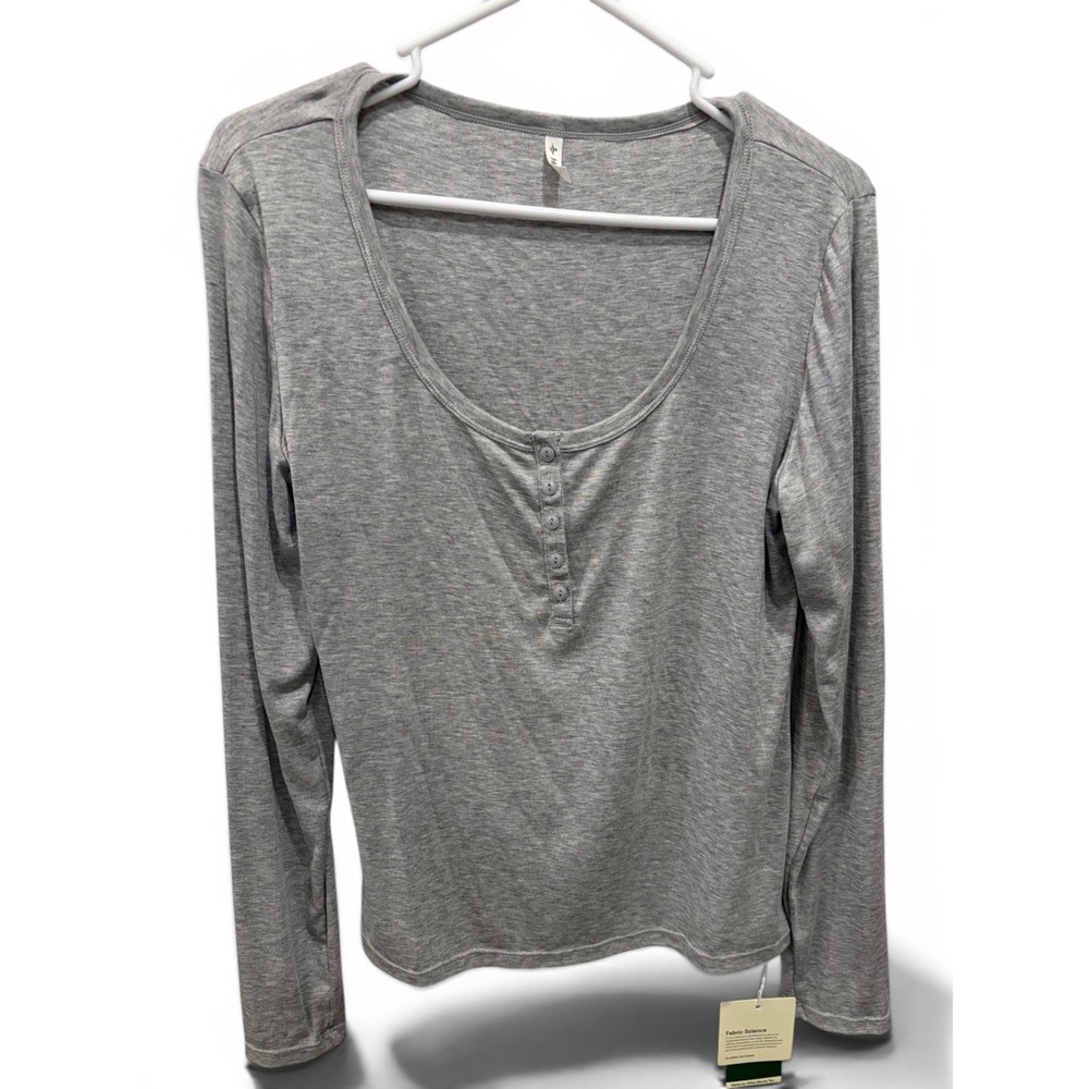 Halara Womens NWT XL Gray Long Sleeve Henley Scoop Neck minimalist comfort